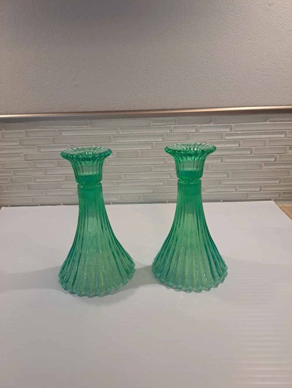 2 Vtg Fostoria Heirloom Light Greenish Opalescent Ribbed Candle Holder Vase Set